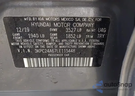 2020 Hyundai Accent Se from USA, damaged, VIN 3KPC24A67LE115448